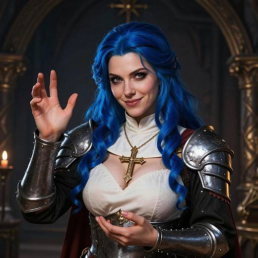 Digital artwork of a blue-haired woman in medieval armor, white blouse, and cross necklace, waving her hand, glowing candle in background.