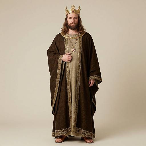 Photograph of a bearded man with long brown hair wearing a gold crown, black and gold robe, and necklace, standing against a plain white background