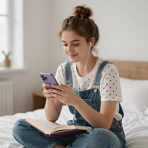 Young Woman with Phone Reading on Bed