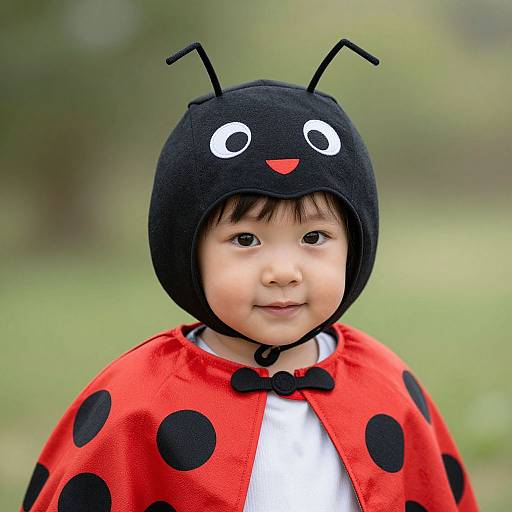 Photograph of an Asian toddler with fair skin wearing a black ladybug hat and red polka-dot cape, standing outdoors.