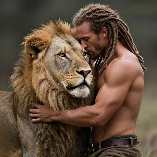 Photograph of a muscular, shirtless man with dreadlocks hugging a large, majestic lion with a thick mane, outdoors in a blurred natural background