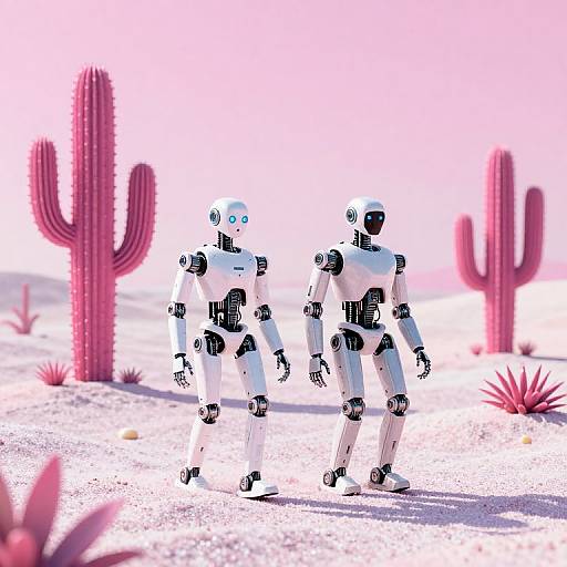 Photorealistic CGI of two white, blue-eyed humanoid robots walking in a pink desert with cacti, sand, and spiky plants.