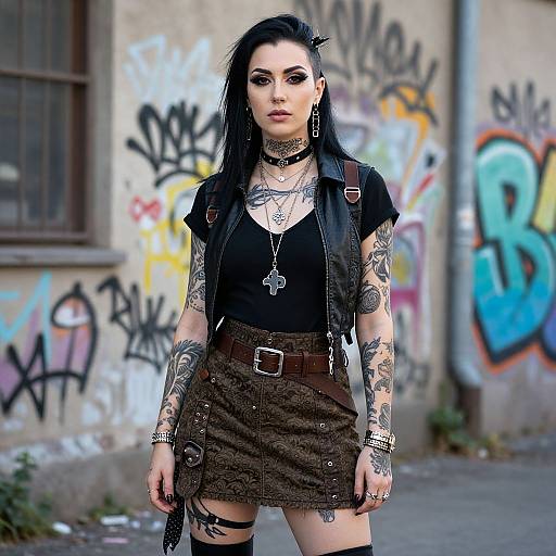 Photograph of a tattooed, black-haired woman with piercings, wearing a black top, brown skirt, leather vest, and choker,