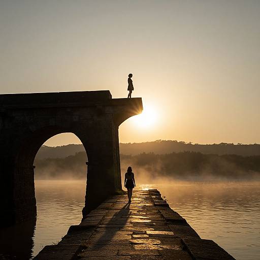 Silhouetted figures on a stone bridge at sunset, with one standing on the arch and another walking on the path. Golden sunlight reflects on the