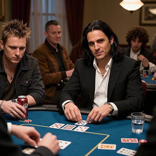 Photograph of two men, one with spiked hair, one with long black hair, playing poker at a casino table, serious expressions.