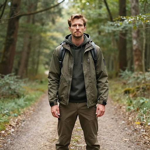Confident Man on Forest Path