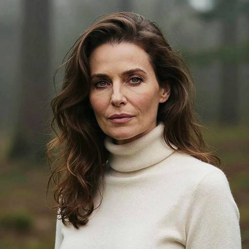 Photograph of a middle-aged woman with wavy brown hair, wearing a white turtleneck sweater, standing in a misty forest.