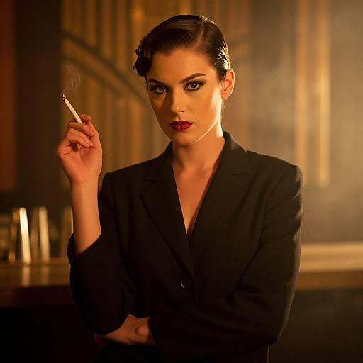 Photograph of a confident, dark-haired woman in a black blazer, holding a cigarette, with dramatic red lipstick, in a dimly lit,