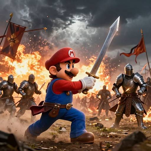 Digital artwork of Mario wielding a sword, charging against armored knights amidst an intense battlefield with fiery explosions and dark clouds.