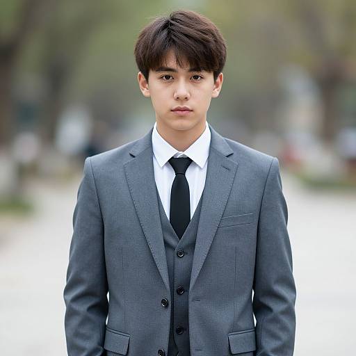 Photograph of a young Asian man in a formal grey three-piece suit, white shirt, and black tie, standing outdoors with a blurred green and brown