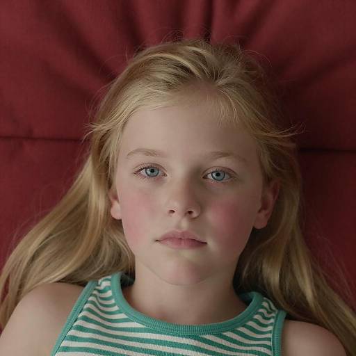 Young Girl Lying on Red Quilt
