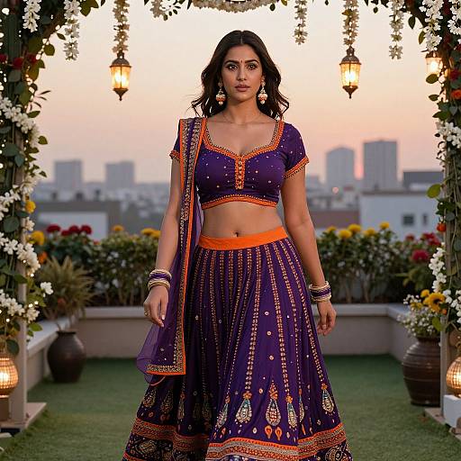 Photograph of a beautiful Indian woman with dark hair in a purple and orange traditional lehenga-choli, standing on a rooftop at sunset, surrounded by