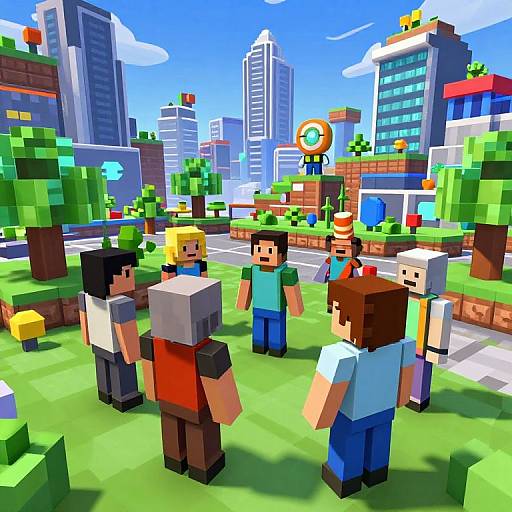 Pixel art scene of six blocky, cartoon-style characters standing in a vibrant, urban park with colorful buildings and a bright blue sky.