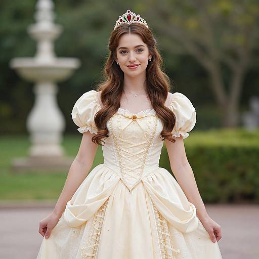 Photograph of a young woman with long brown hair, wearing a white, puffed-sleeve, lace-trimmed princess dress and a ti