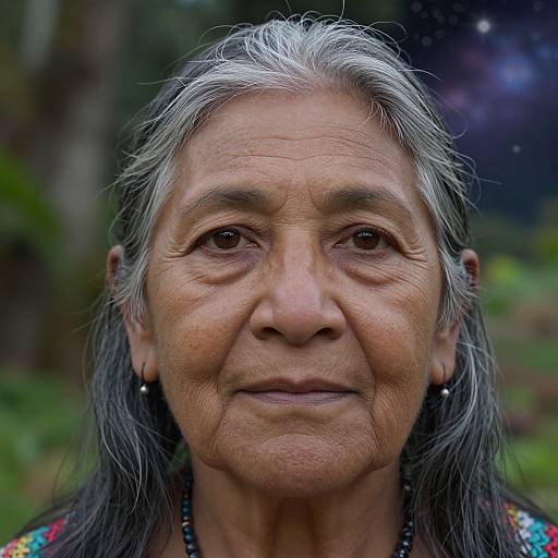 Photograph of an elderly Indigenous woman with long gray hair, deep wrinkles, and dark eyes, wearing colorful bead jewelry, set against a blurred green and