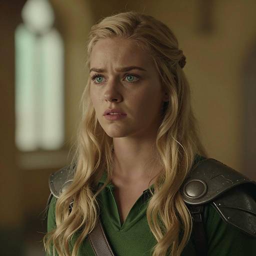 Concerned Woman in Armor with Blonde Wavy Hair