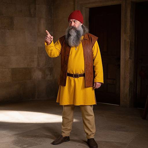 Photograph of an elderly man with a long gray beard, wearing a red knit hat, yellow tunic, brown vest, and beige pants, pointing