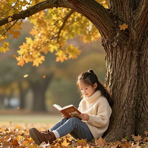 Photograph of a young Asian girl with black hair in a ponytail, wearing a white turtleneck and blue jeans, reading a book under a