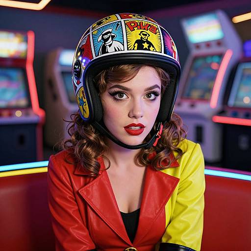 Photorealistic image of a fair-skinned woman with curly brown hair, red lipstick, wearing a colorful comic-book helmet and red-yellow jacket, in