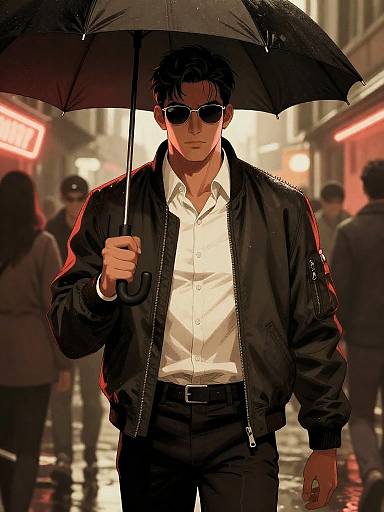 Mysterious Man with Umbrella in Neon Market