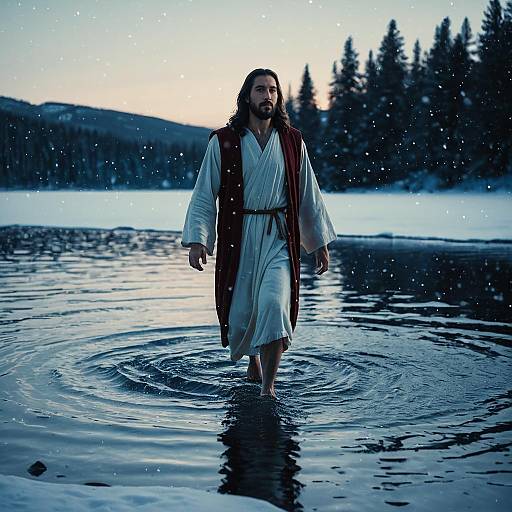 Jesus Walking on Snowy Lake at Twilight