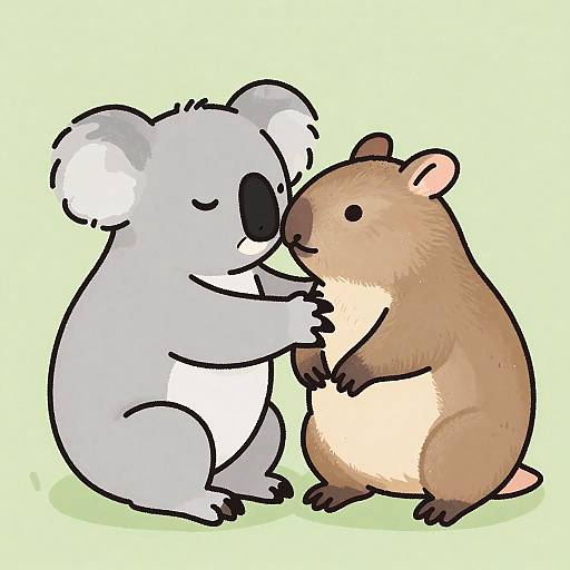 Cute digital drawing of a white koala and a brown possum hugging, with the koala's eyes closed, on a pale yellow background