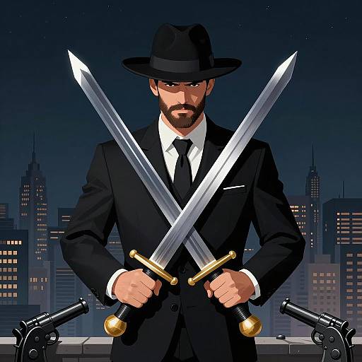 Man with Crossed Swords in Black Suit