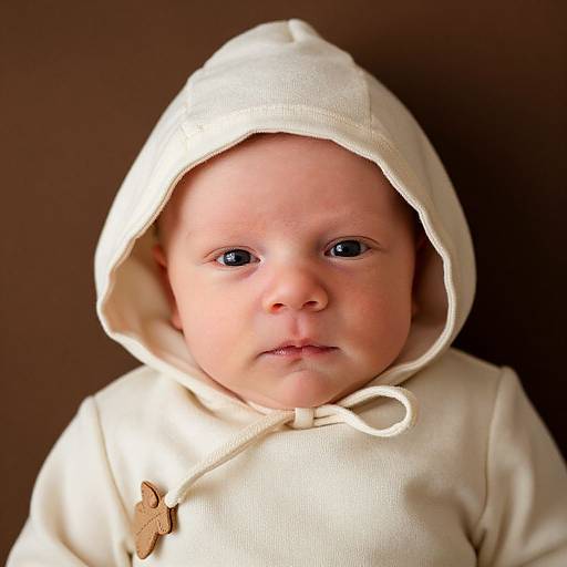 Photograph of a fair-skinned baby with blue eyes, wearing a cream-colored hooded onesie with a wooden button, against a brown background.