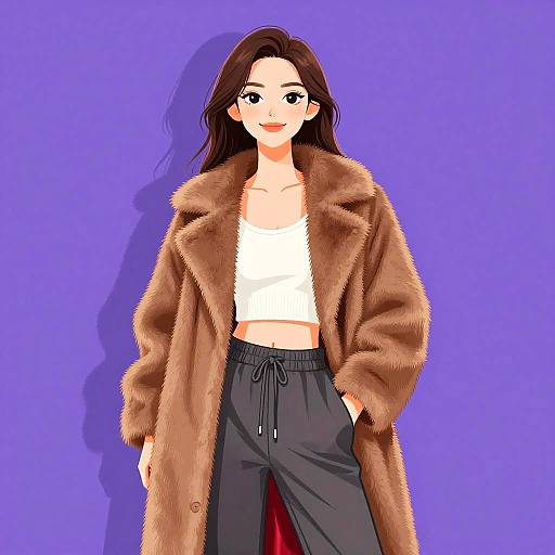 Digital anime-style drawing of a smiling woman with long brown hair, wearing a brown fur coat, white crop top, and black pants, against a solid