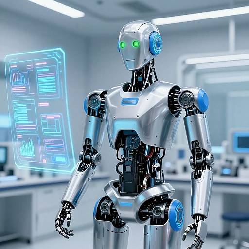 Photorealistic CGI of a silver humanoid robot with glowing green eyes, blue accents, and holographic screen in a modern, brightly lit office.