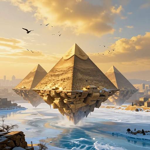 Digital art: Three floating, ancient pyramids with golden sunlight, surrounded by a cityscape, birds flying, and mist over a frozen river.