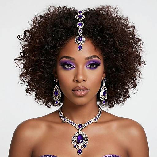 Photograph of a beautiful Black woman with curly hair, wearing purple eyeshadow, a jeweled forehead piece, matching earrings, and necklace, against