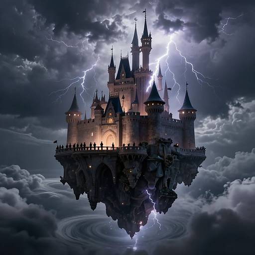 Digital artwork of a stormy, lightning-struck floating castle with glowing windows, surrounded by dark clouds and reflected in a ripple-filled sky.
