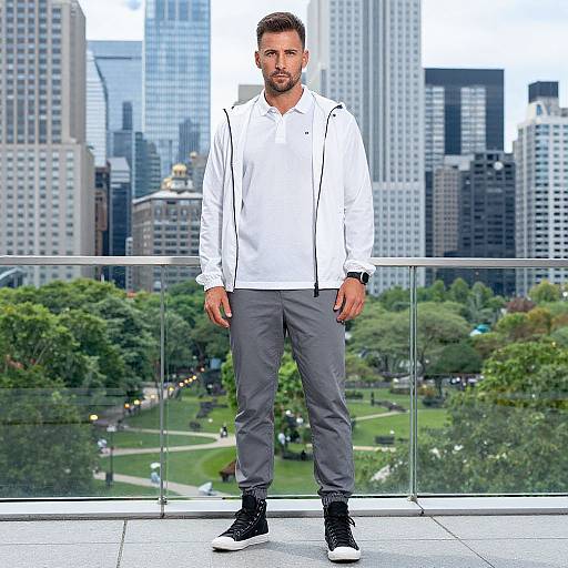 Photograph of a bearded, brown-haired man in a white jacket, gray pants, and black sneakers, standing on a balcony overlooking a cityscape