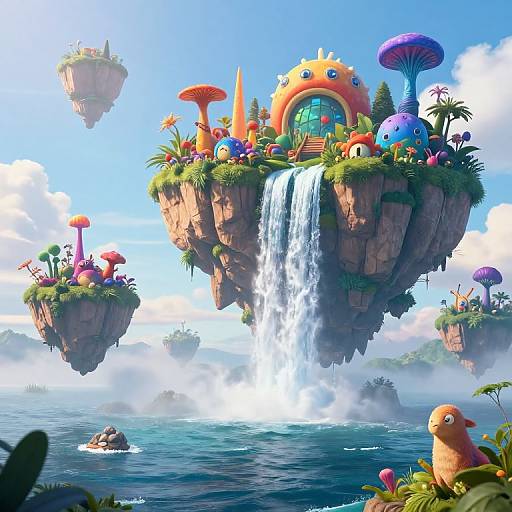 Whimsical digital artwork of floating islands with colorful fungi, a waterfall, and vibrant plants. Blue sky, clouds, and a curious orange bird in