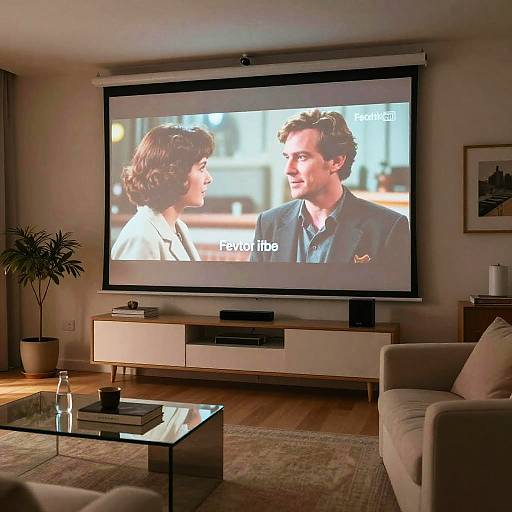 Photograph of a modern living room with a large flat-screen TV displaying a scene from a movie featuring a man and woman, 