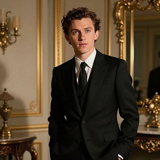 Photograph of a handsome young man with curly brown hair, wearing a black suit, white shirt, and black tie, standing in an ornate,