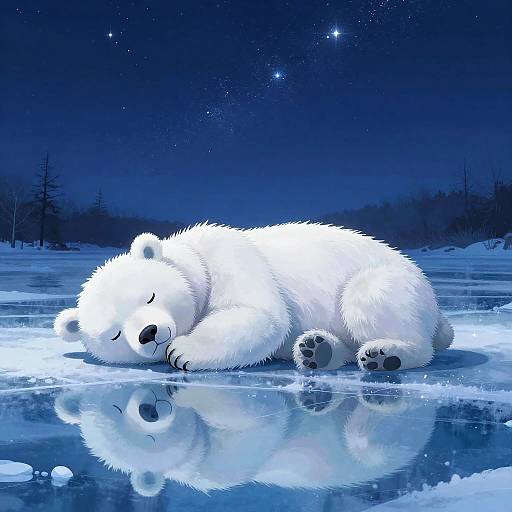 Digital illustration of a sleeping, white polar bear on a frozen, starlit icy landscape with a reflective surface and a dark, starry night sky background