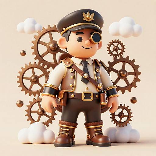 3D CGI of a smiling, cartoon-style steam-punk officer with black hat, white uniform, brown pants, and boots, standing before large gears