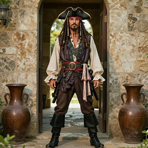 Male Pirate in Costume Standing in Doorway