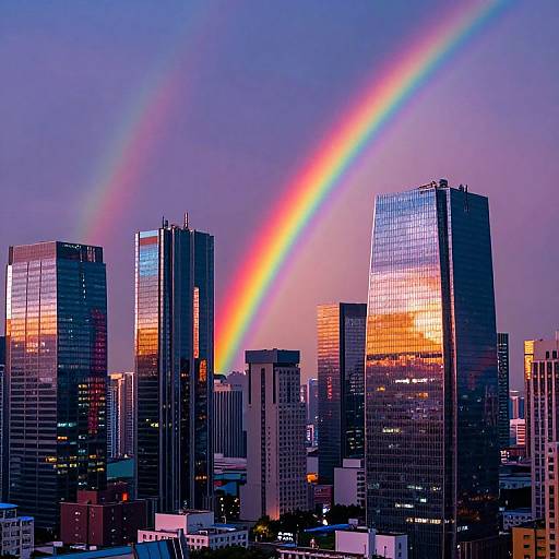 Photograph of a city skyline at dusk with a vibrant rainbow arching over tall, reflective skyscrapers, illuminated by golden sunset hues.