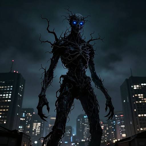 Digital artwork of a dark, twisted, humanoid creature with glowing blue eyes, standing in a night cityscape of illuminated skyscrapers.