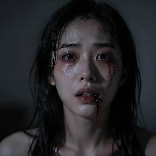 Terrified Woman Close-Up with Blood