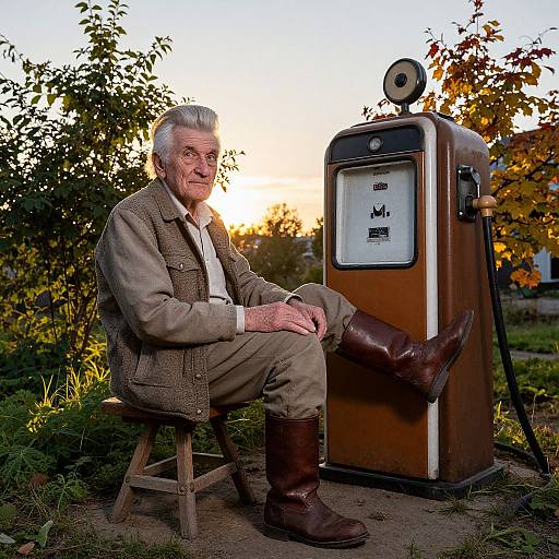 Photograph of elderly white man with gray hair, wearing brown vest, white shirt, and brown boots, sitting at vintage gas pump at sunset, surrounded