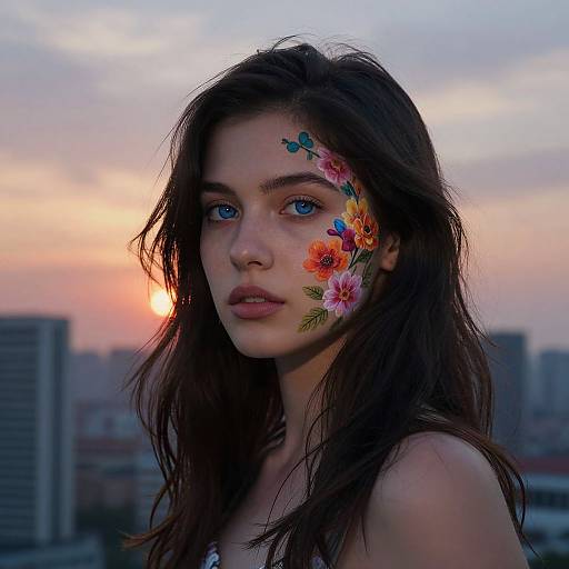 Photograph of a young woman with blue eyes, long dark hair, and floral face paint, against a sunset city skyline.