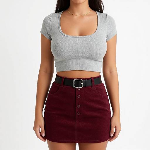 Photograph of a woman with long dark hair, wearing a tight gray crop top and maroon button-up skirt with black belt.