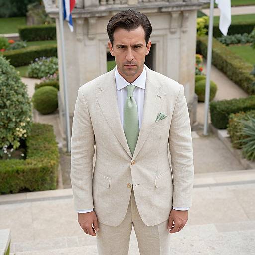 Photograph of a handsome man with dark hair in a light beige suit, white shirt, and green tie, standing in front of a garden with manic