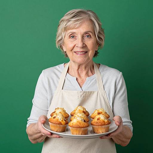 Photograph of an elderly woman with short gray hair, wearing a white apron over a white shirt, smiling while holding a plate of four golden-b