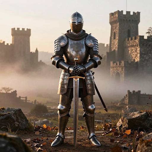 Photograph of a medieval knight in shiny silver armor, holding a sword, standing in a misty, ruined castle courtyard at sunset.