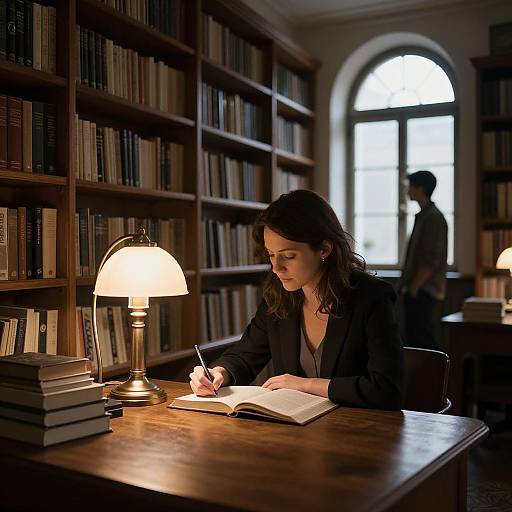Photograph of a focused woman with dark hair, black blazer, writing in an open book under a warm lamp in a dimly lit library,